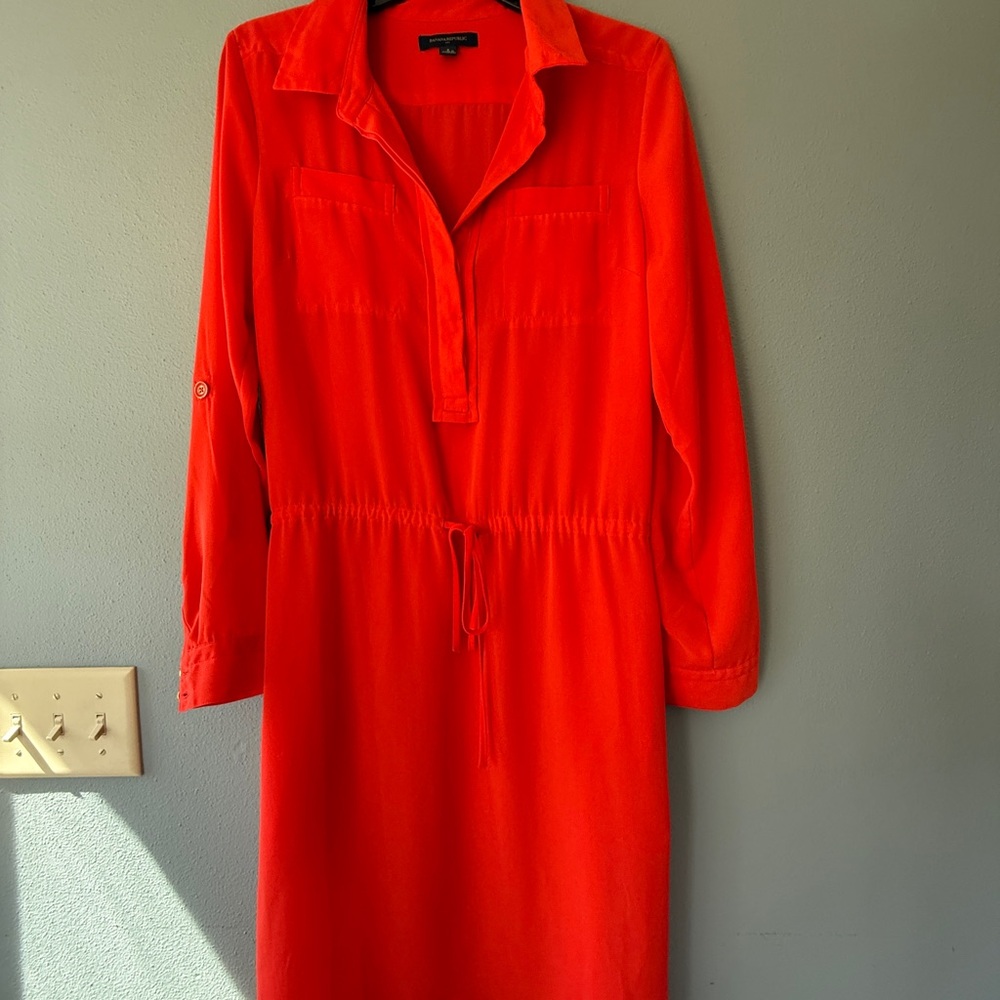 Banana Republic Vibrant Red Long Sleeve Drawstring Shirt Dress